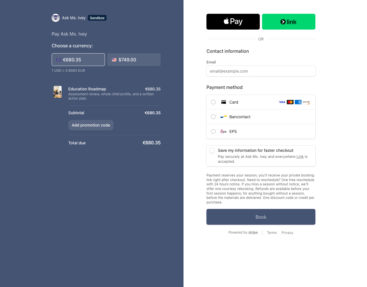 Ask Ms. Ivey branded checkout, captured in a test run