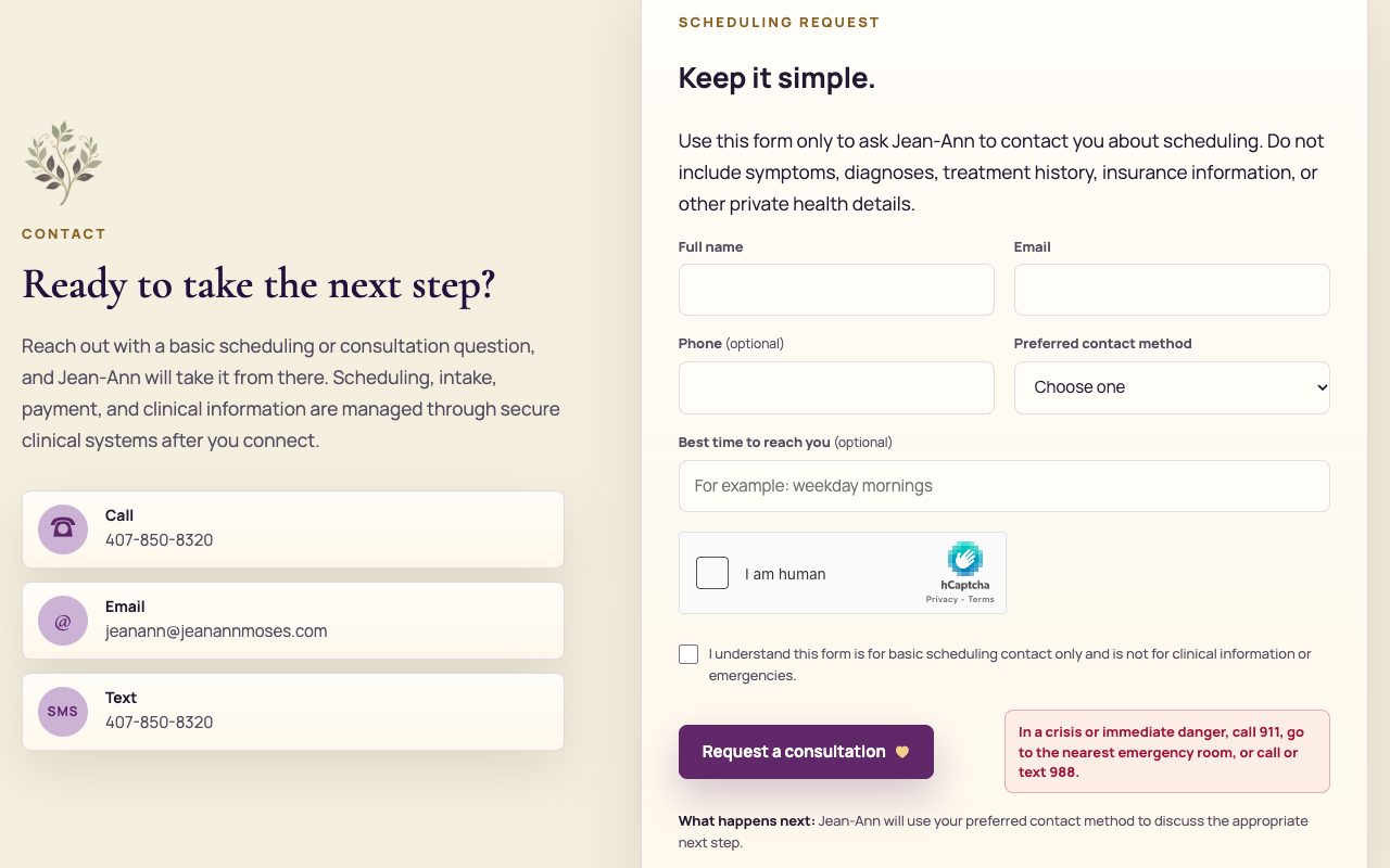 Peace From Pieces contact page with the consultation request and crisis resources
