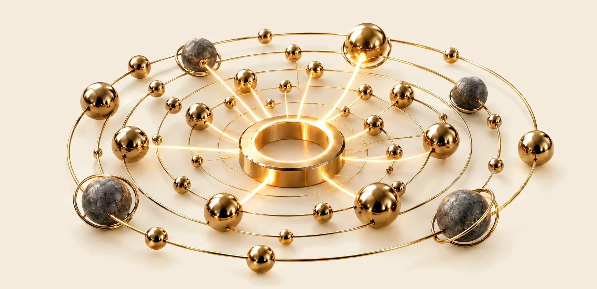 A brass ring at the center of gold orbits, with lines of light running from the ring out to the spheres around it