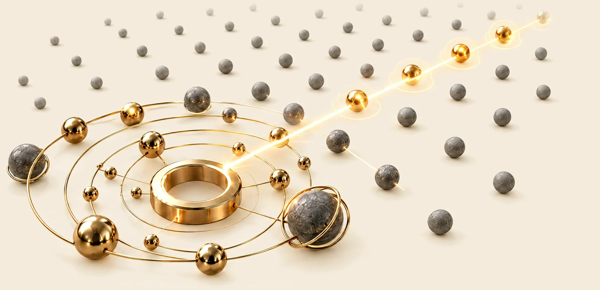 The same brass ring and orbits, with one line of light running out across rows of grey spheres and turning a few of them gold